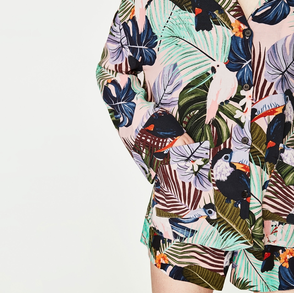 ZARA Tropical Birds Toucan Cockatoo Collared Shirt Blouse - Picture 9 of 16